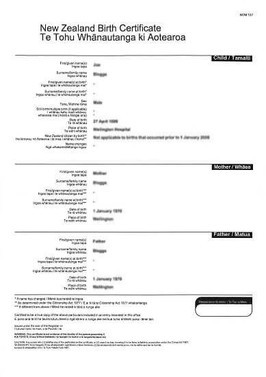 NZ Birth Certificate Example
