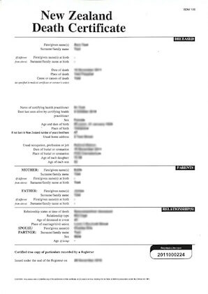 NZ Death Certificate Example