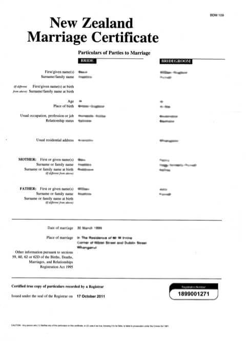 NZ Marriage Certificate Example